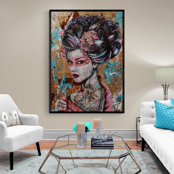 Pinku 140cm x 100cm Geisha Abstract Realism Art