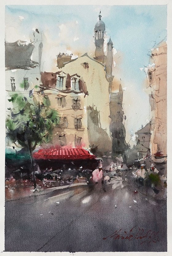 Paris, urban watercolor art.