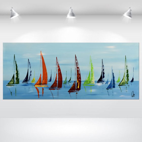 Colorful Summer- Abstract- Colourfull Sailboat Painting- Large Acrylic Art Canvas Wart Art Ready to hang