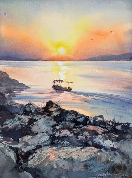 Sunset on the sea, Fishermen