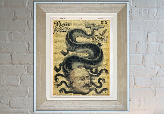 Musee des Horreurs: Le Traitre! - Collage Art Print on Large Real English Dictionary Vintage Book Page