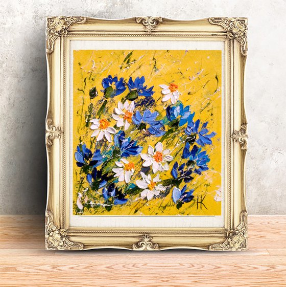 Chamomile Painting Original Oil Artwork Cornflowers Meadow Abstract Flowers Impasto Small Wall Art