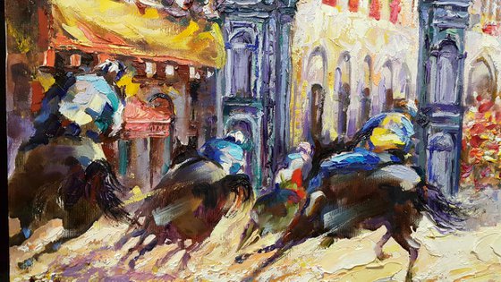 Palio di Siena - horse race, original oil painting