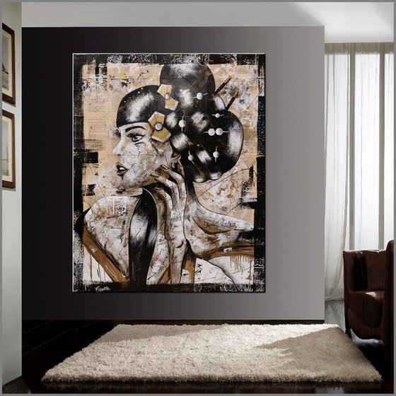 Gorudo (Golden) 120cm x 150cm Geisha Textured Abstract Realism Book Page Art