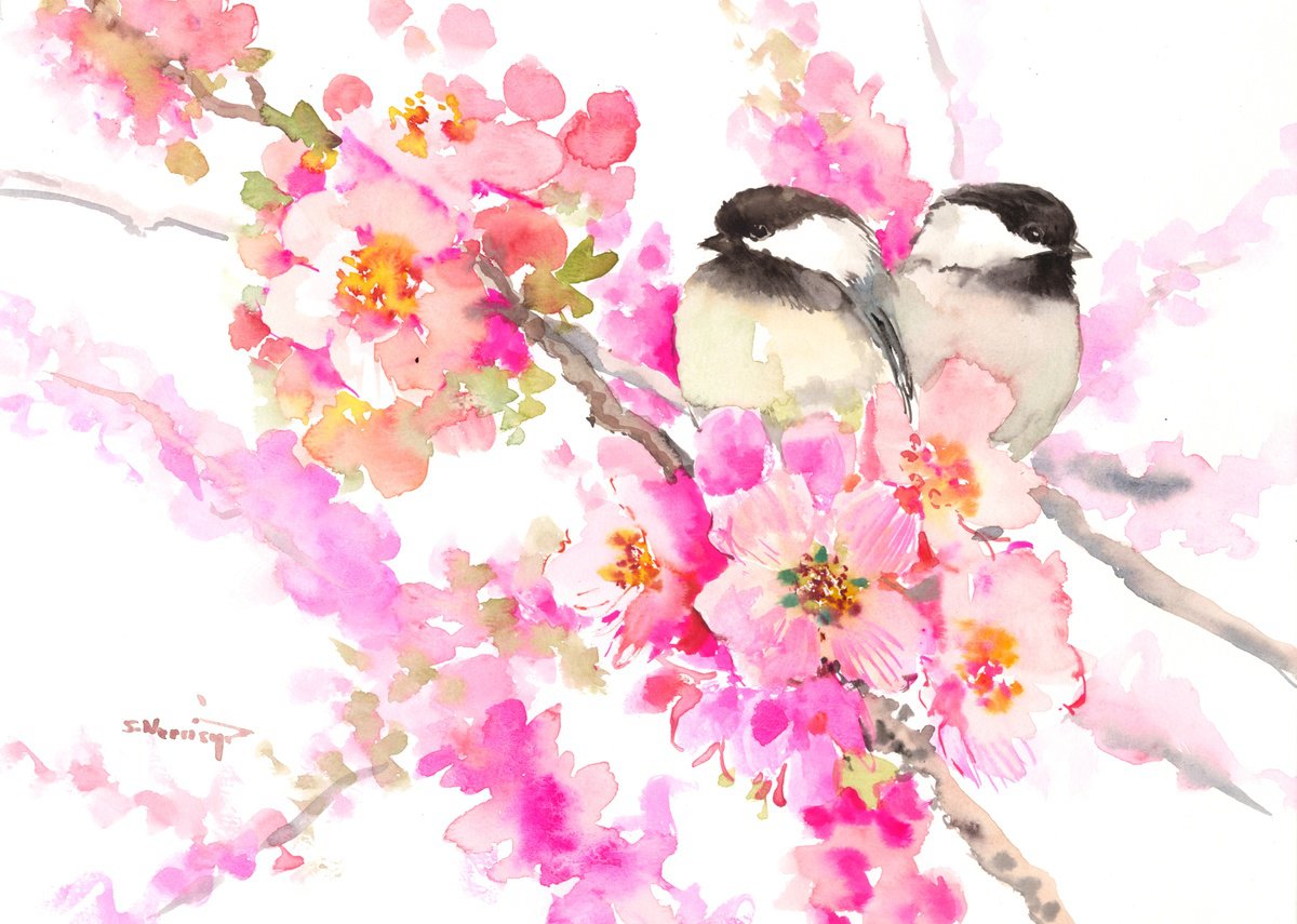 Chickadee Birds and Spring Flowers by Suren Nersisyan
