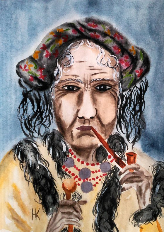 Smoking Woman Art Portrait Original Painting Female Portrait Watercolor Artwork Small Home Wall Art 8 by 11" by Halyna Kirichenko