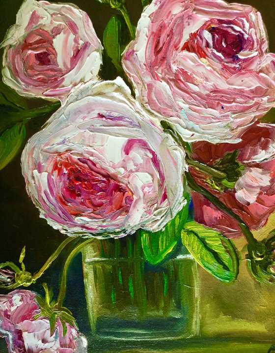 BOUQUET OF CORAL ROSES #4 palette knife modern red pink still life  flowers Dutch style office home decor gift