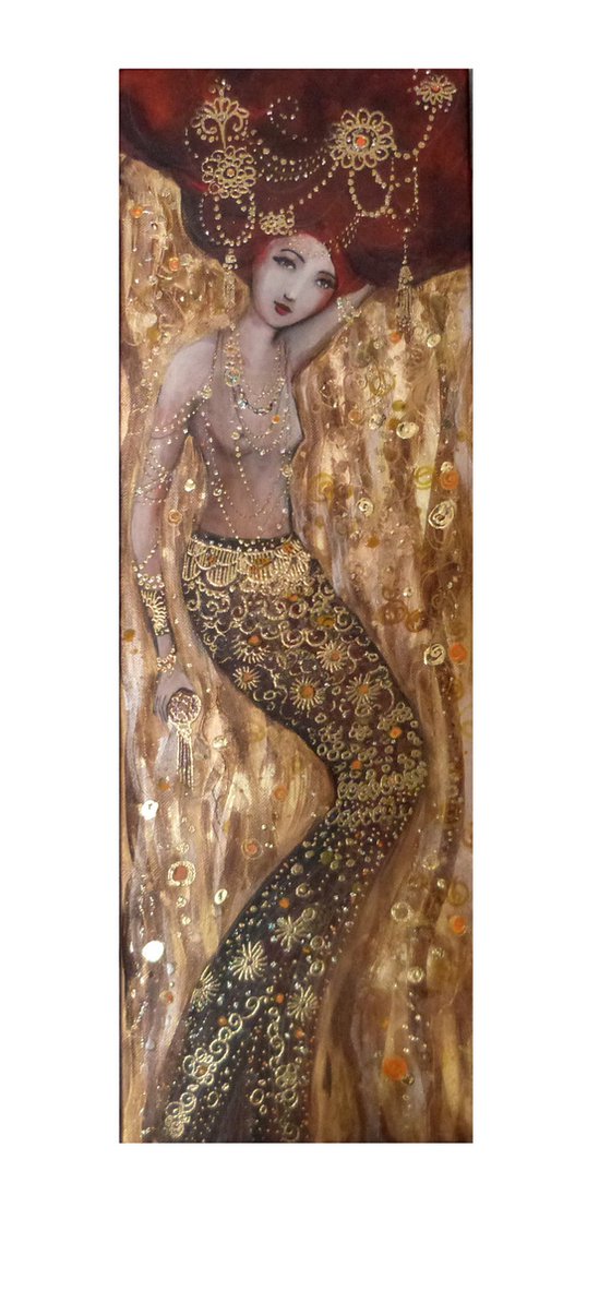 Gold abyss 20 x60 cm.Mermaid woman in gold.