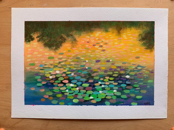 Water lily pond at sunset! Painting on paper