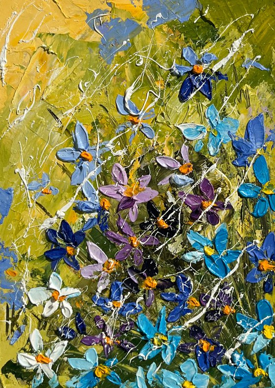 Forget Me Nots Painting Floral Original Art Flowers Oil Impasto Palette Knife Artwork Home Wall Art 5 by 7 inches