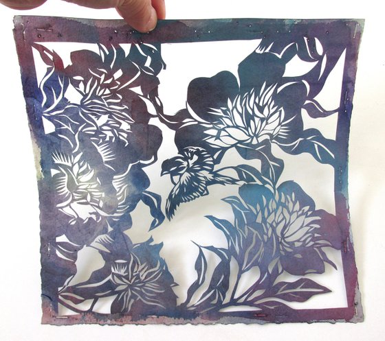 blue bird with peony watercolor papercut