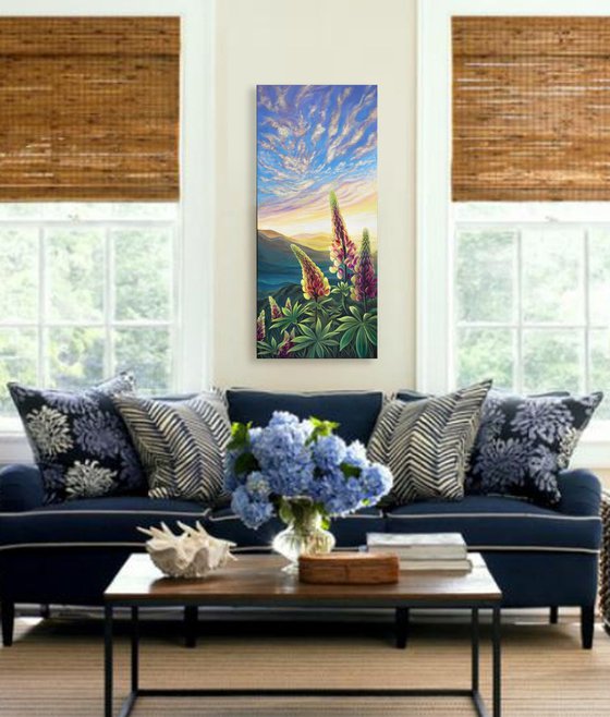 "Evening fairytale", lupines floral painting, landscape flowers art