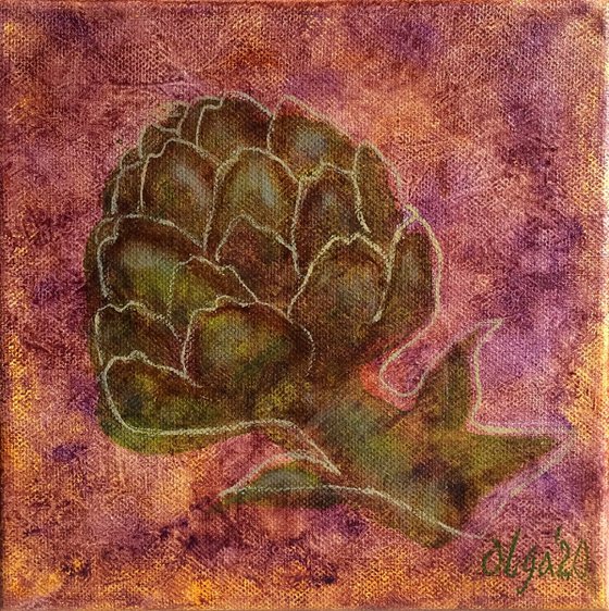 Flower oil painting - Artichoke original small canvas - Food wall art - Kitchen shelf painting