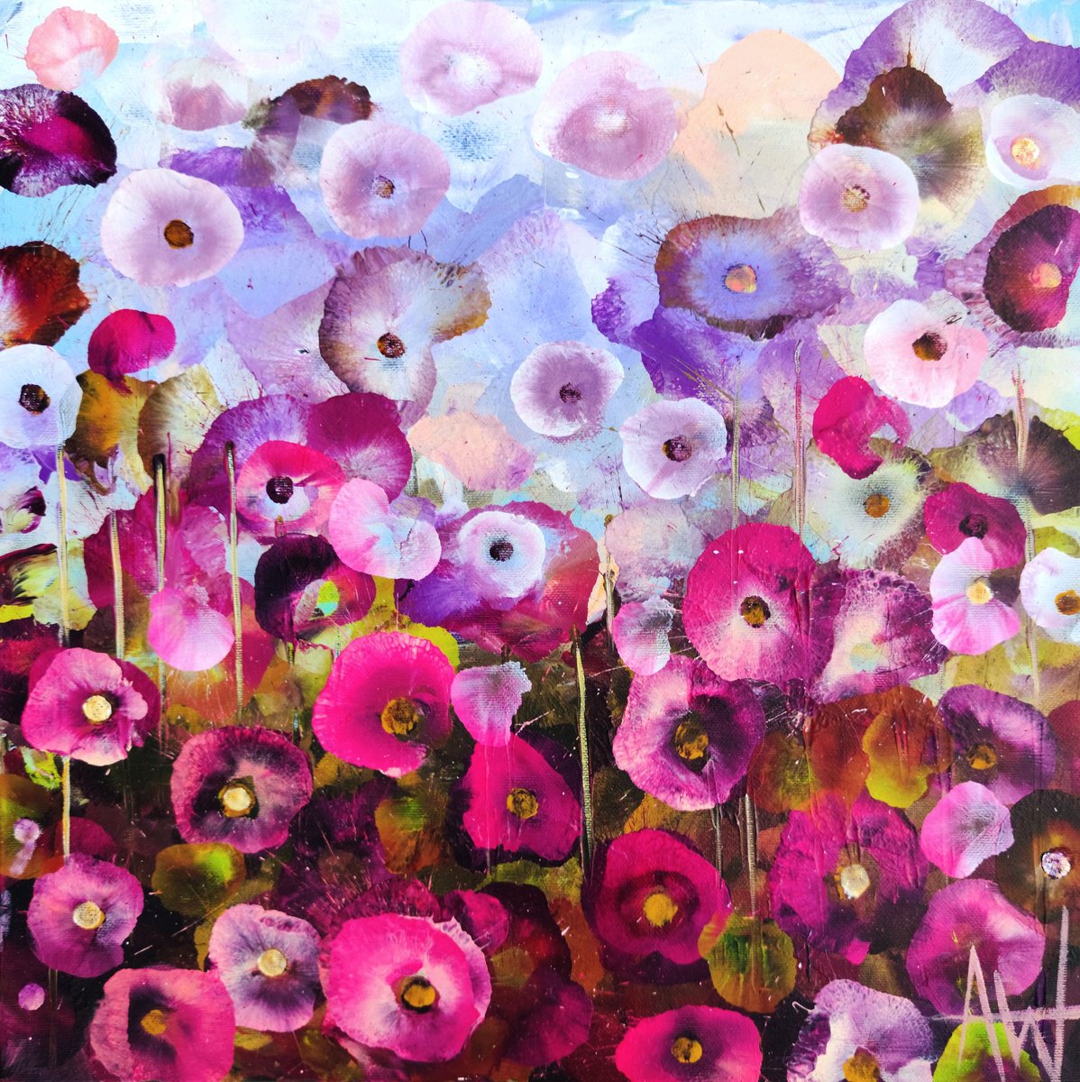 Expressive Botanical Acrylic Painting By Angie Wright, 16 X 16, Pink Petal Landscape, Original Artwork