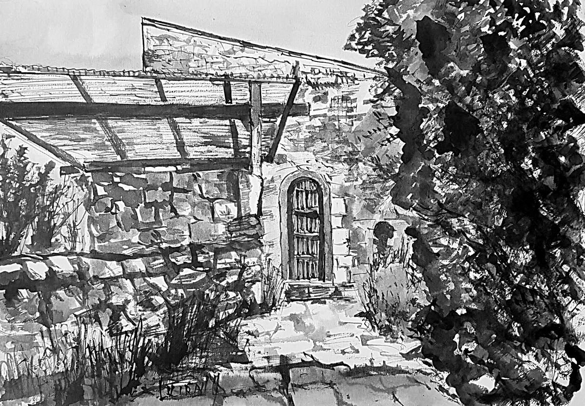 Impressionistic Cityscapes Ink Drawing By Leonid Kirnus, 14 X 10", The Ancient Veranda, Original Artwork