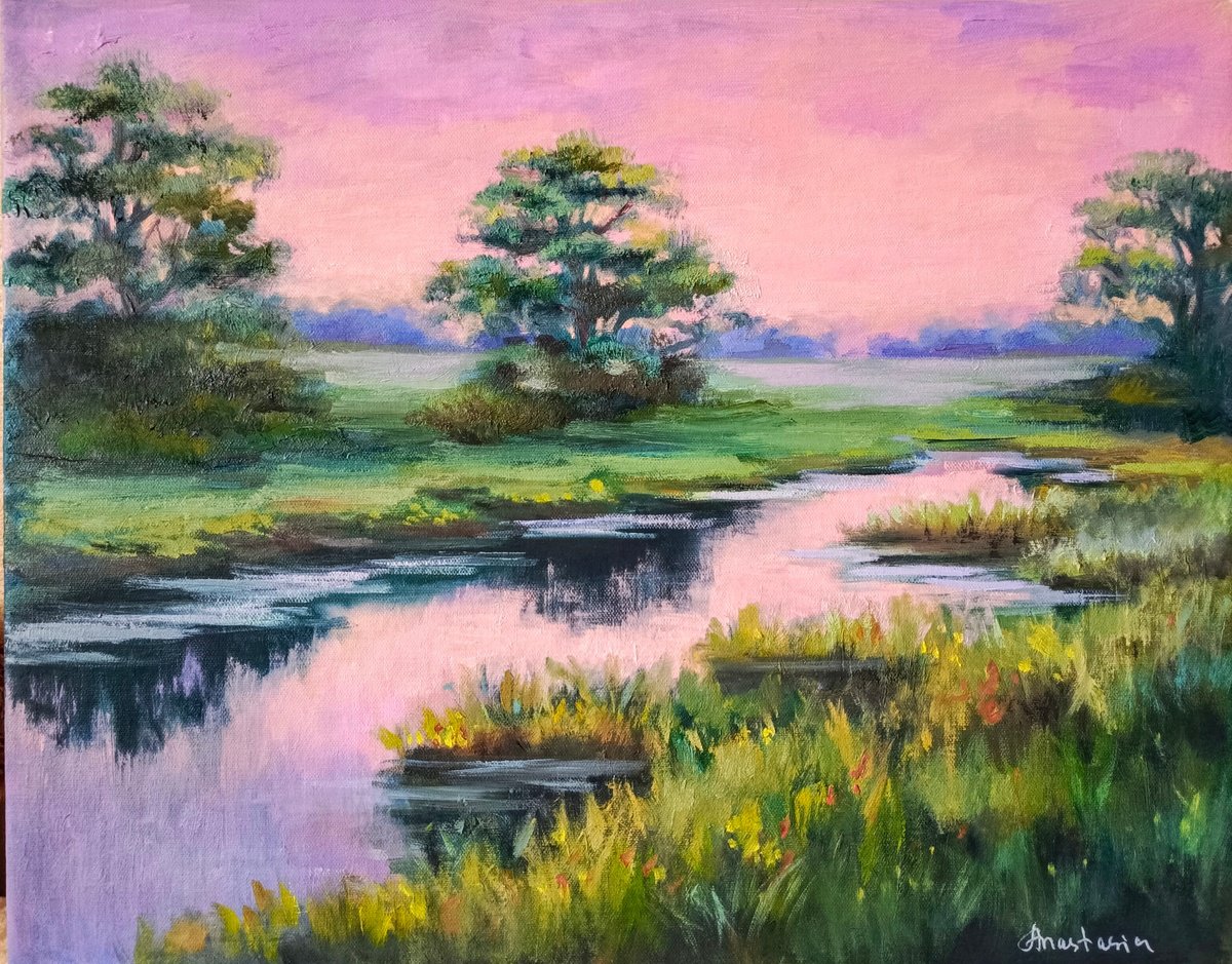 Sunrise landscape trees river by Anastasia Art Line