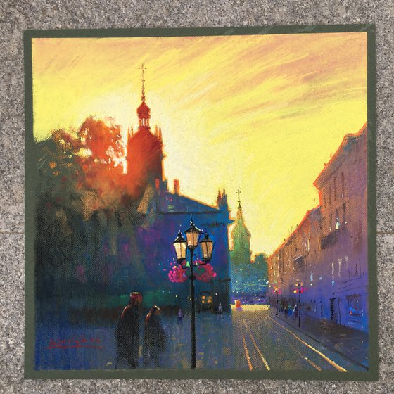 Light. Ukrainian city of Lviv. Soft pastel drawing 19.6x19.6 inch (50x50 cm)