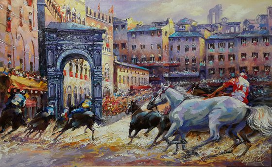 Palio di Siena - horse race, original oil painting