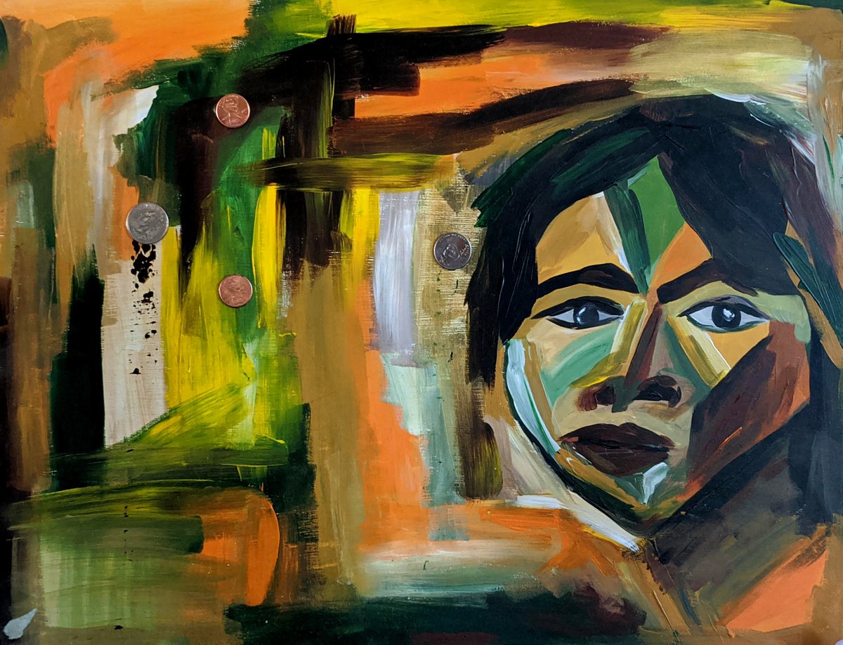 Abstract Portrait Painting By Shelli Finch, 20 X 16", For A Few Pennies More, Original Artwork