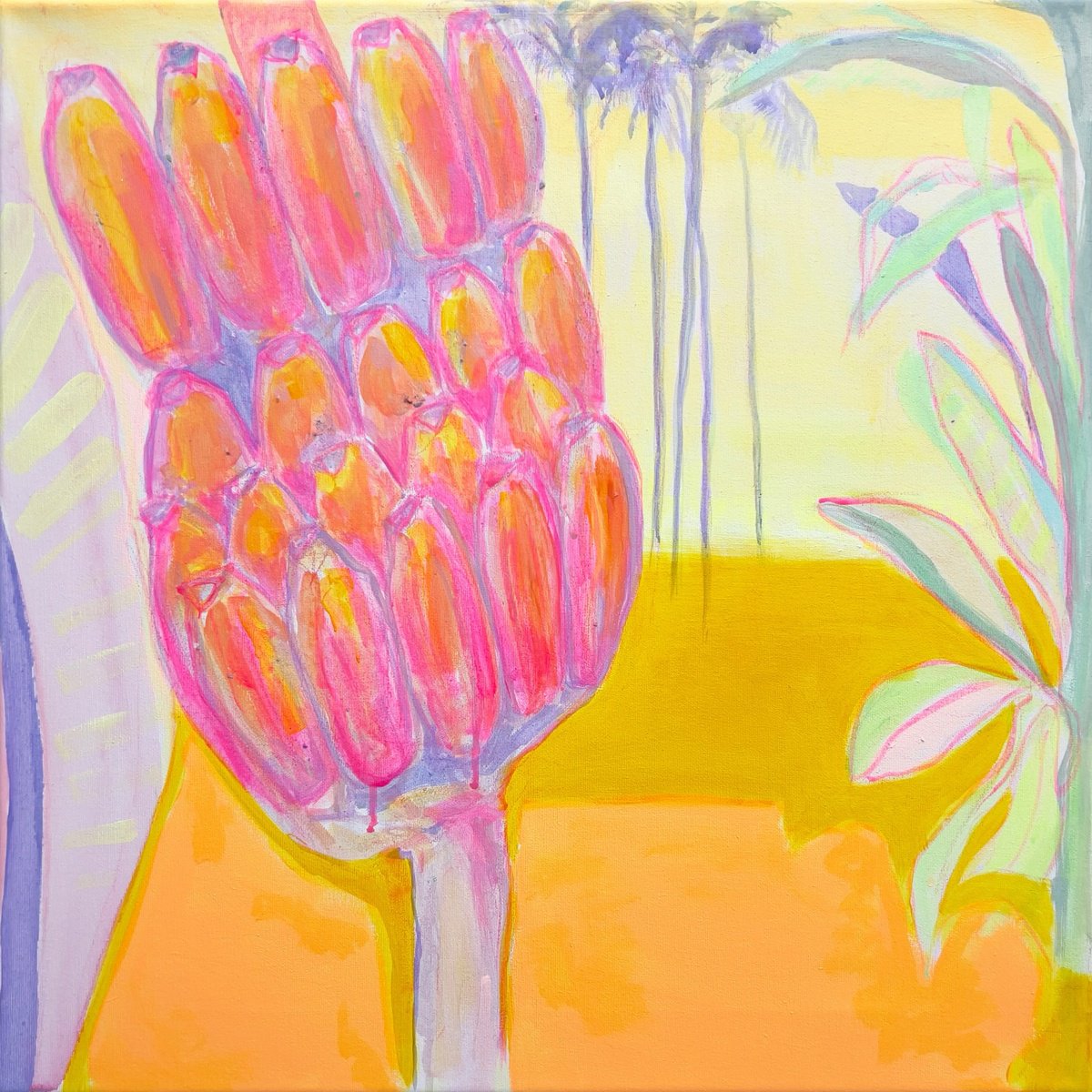 Organic Botanical Acrylic Painting By Kathryn Sillince, 22 X 22", Pink Banana Sunset Study, Original Artwork