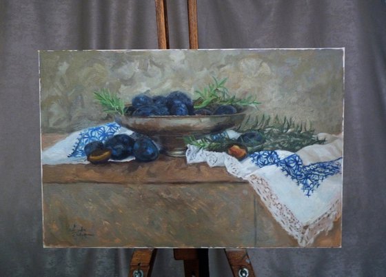 Plums, rosemary and drapery