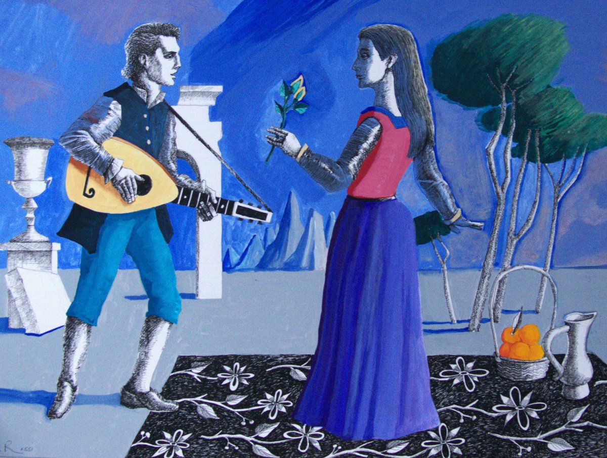 Portrait Ink Drawing By Paul Rossi, 25 X 19", Lutanist And Lady, Original Artwork