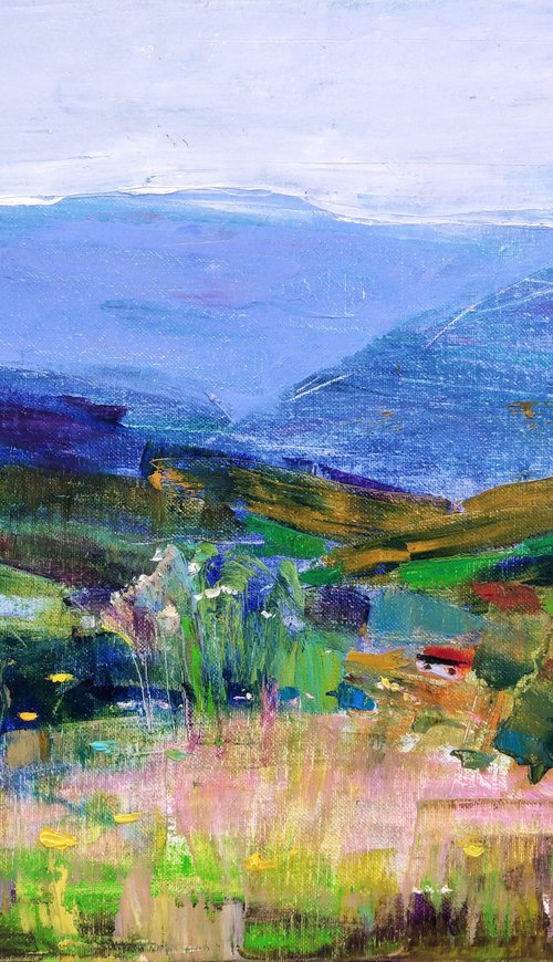 Mountain meadows. Freshness of herbs. Original oil painting by Helen Shukina