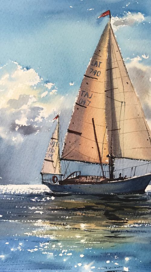 Sailing yacht in the sea by Eugenia Gorbacheva