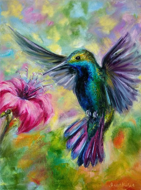 Ready to Hang Flying Hummingbird Bird Art Tropical Flower Wildlife Nature