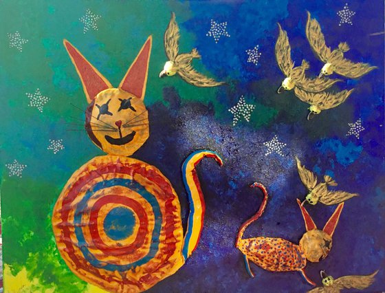 Original Art - Acrylic Paint Mixed Media - 3D Circus Cats - Stretched Canvas