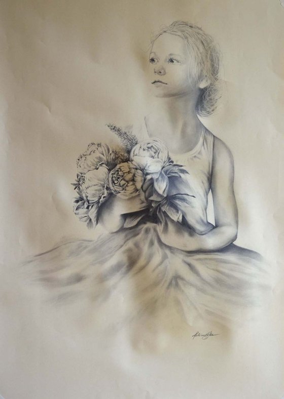 Girl with a bouquet of peony