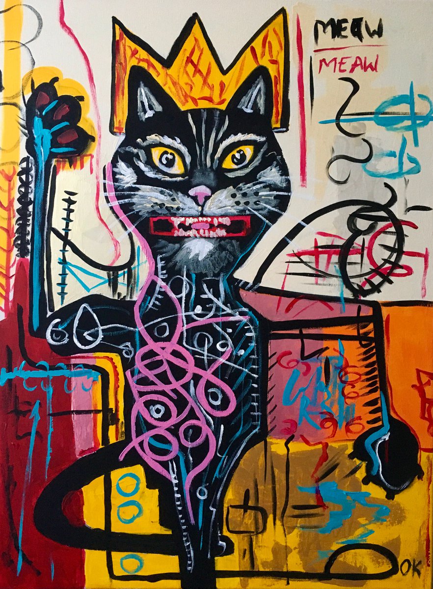 Black Cat King, ( 32 x 24 inches, 81 x 61 cm ) version of painting by Jean-Michel Basquia... by Olga Koval