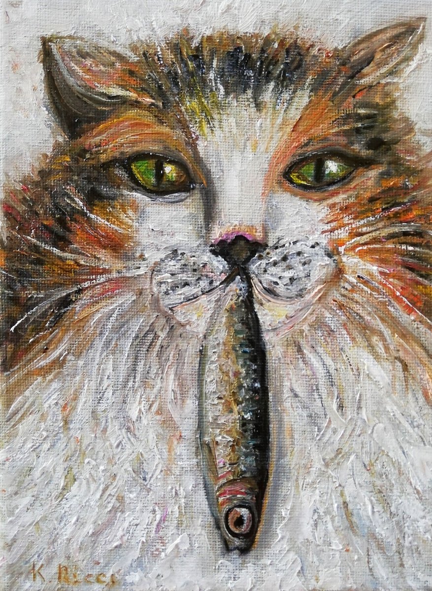 Impressionistic Animal Oil Painting By Katia Ricci, 6 X 8", Cat With Fish Portrait, Original Artwork