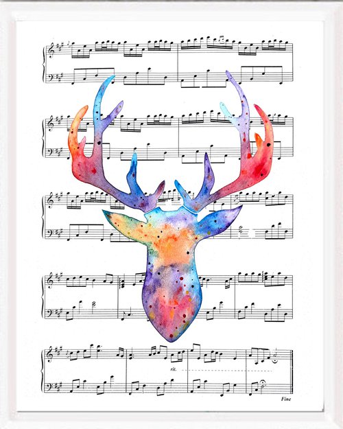 Deer, watercolor on sheet music by Luba Ostroushko