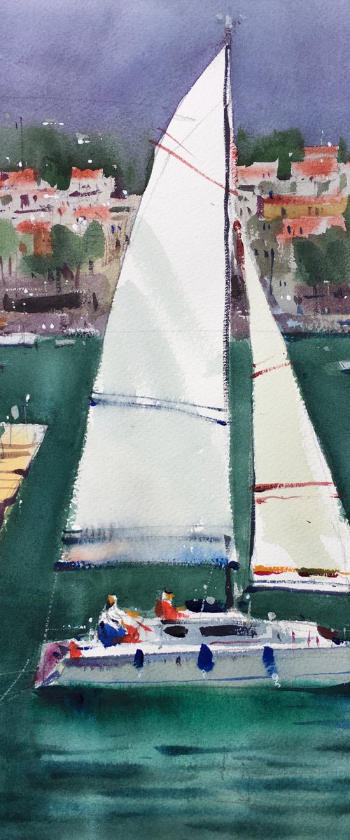 “Yacht. Greece” original art, one of a kind, handmade art by Andrii Kovalyk