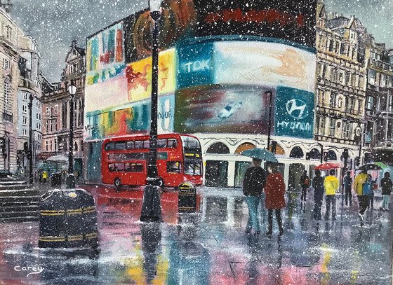 Piccadilly Circus in Winter snow