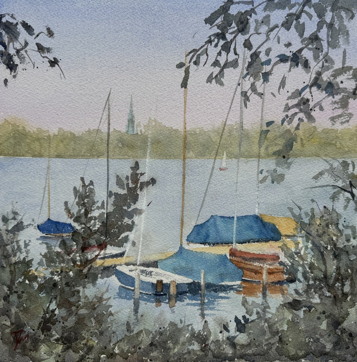 Impressionistic Landscape Watercolour By Shelly Du, 12 X 12", Sailing Club On Alster, Original Artwork