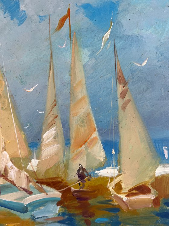 Sailing Boats Moored in Front of the Sea