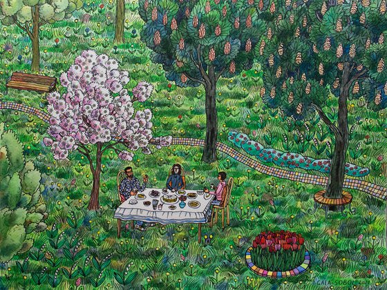 Tea party under a blossoming apple tree by Gala Sobol