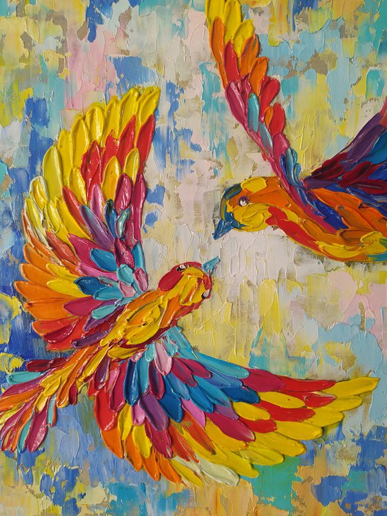 Flight in dreams - birds, hummingbirds oil painting, love oil painting, birds oil painting, hummingbirds, love, animals oil painting, art bird, impressionism, palette knife, gift idea.