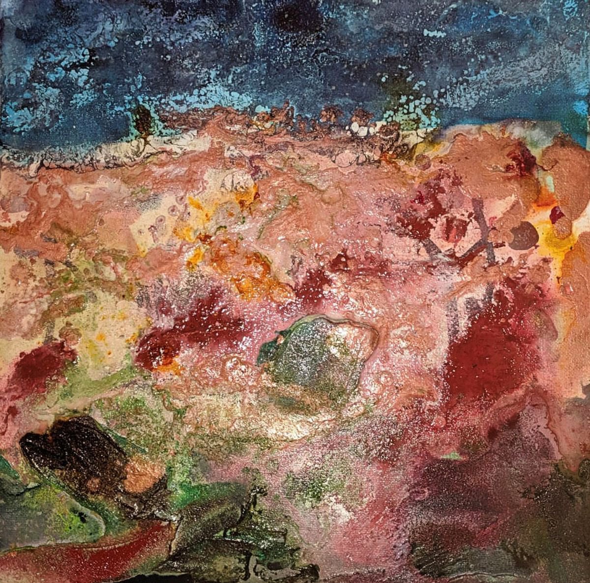 Organic Abstract Painting By Shelli Finch, 12 X 12", Scarred Land At Dusk, Original Artwork