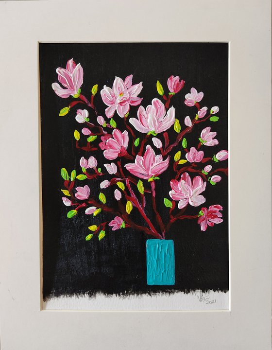 Magnolias in teal vase - Textured impasto acrylic painting on paper - still life - floral artwork - palette knife painting - christmas gift - new year gift