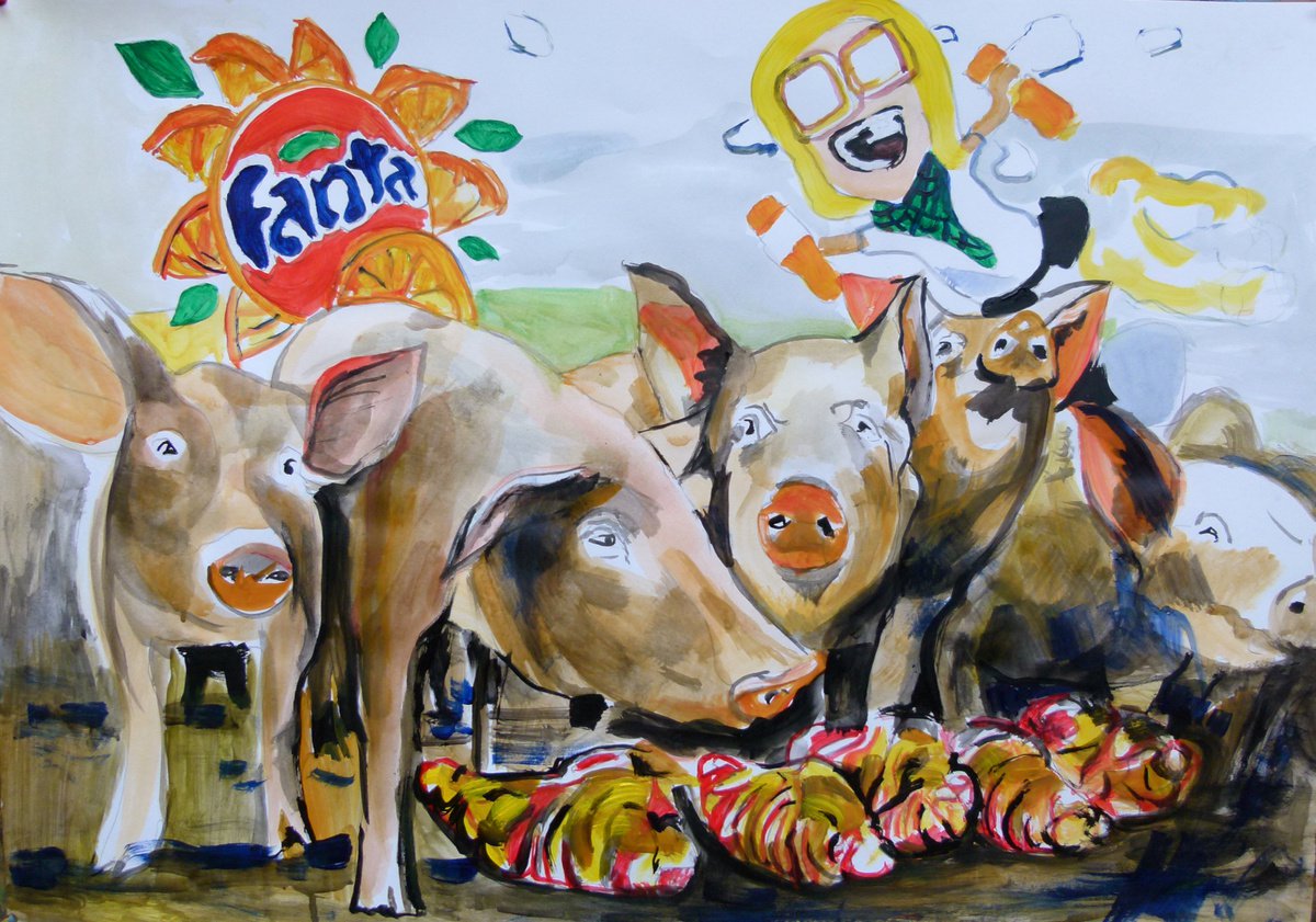 Photorealistic Animal Acrylic Painting By Soso Kumsiashvili, 33 X 24", "Pigs", Original Artwork