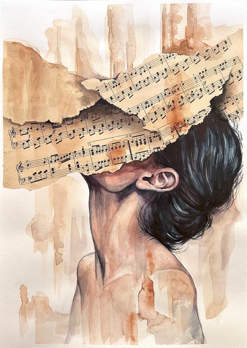 Surrealistic Portrait Painting By Julia Shilo, 12 X 17", Immersion - Watercolor Sheet Music Collage, Original Artwork