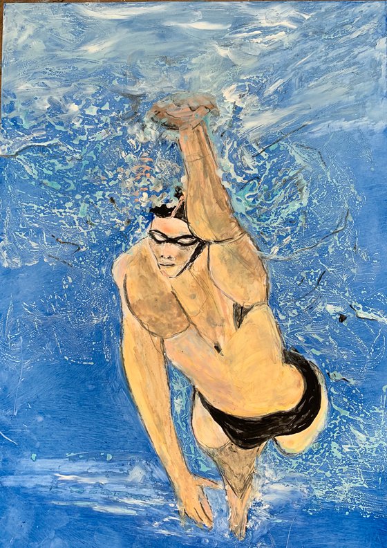 Swimmer II Acrylic Painting on Paper Unique Artwork Gift Ideas Home Decor