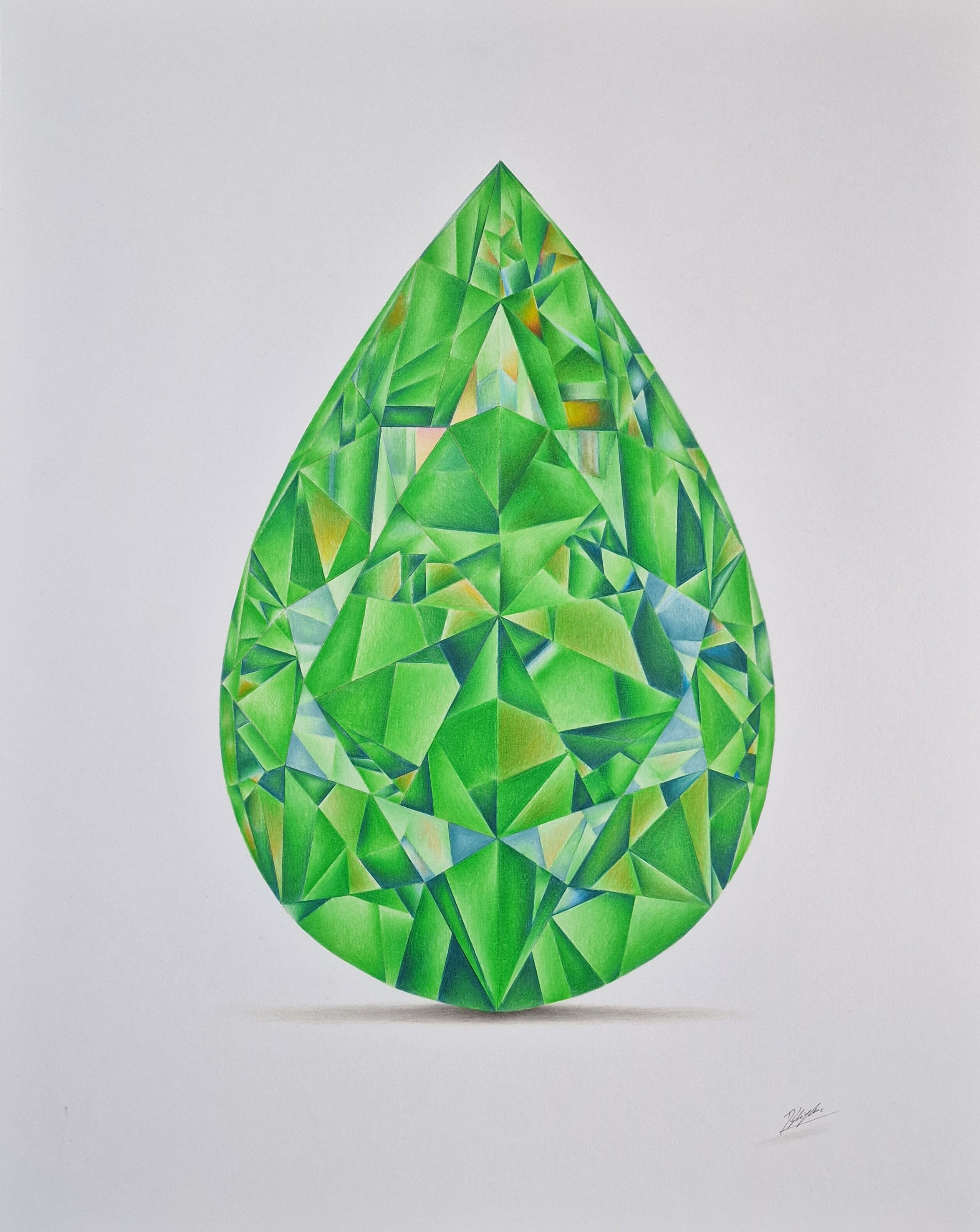 Photorealistic Still Life Pencil Drawing By Daniel Shipton, 16 X 20, Pear Cut Emerald, Original Artwork