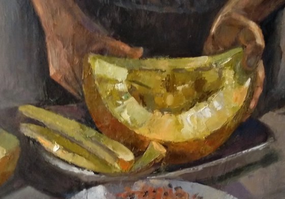 Melon-Still life(50x35cm, oil painting, ready to hang)