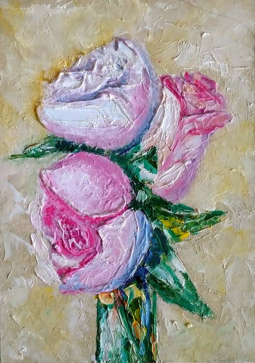 Roses Bouquet Painting Original Art Floral Artwork Flower Still Life Wall Art Impasto Small Oil Panting by Yulia Berseneva