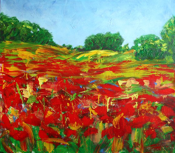 Poppies field... Flowering wildflowers... /  ORIGINAL ACRYLIC PAINTING