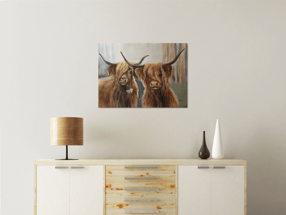 Loving bulls. Romantic painting